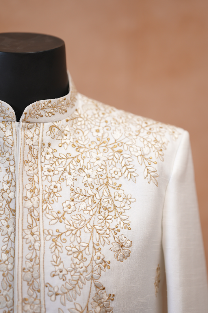 Latika — White Tonal Floral Vine Thread Embroidered Falling Raw Silk Sherwani