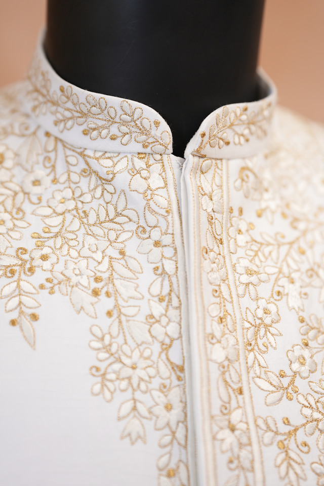 Latika — White Tonal Floral Vine Thread Embroidered Falling Raw Silk Sherwani