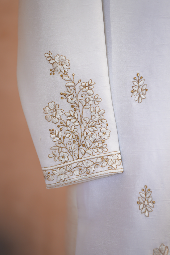Latika — White Tonal Floral Vine Thread Embroidered Falling Raw Silk Sherwani