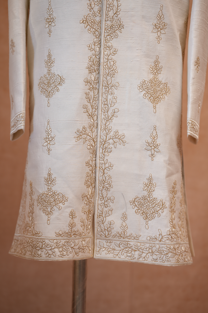 Latika — White Tonal Floral Vine Thread Embroidered Falling Raw Silk Sherwani