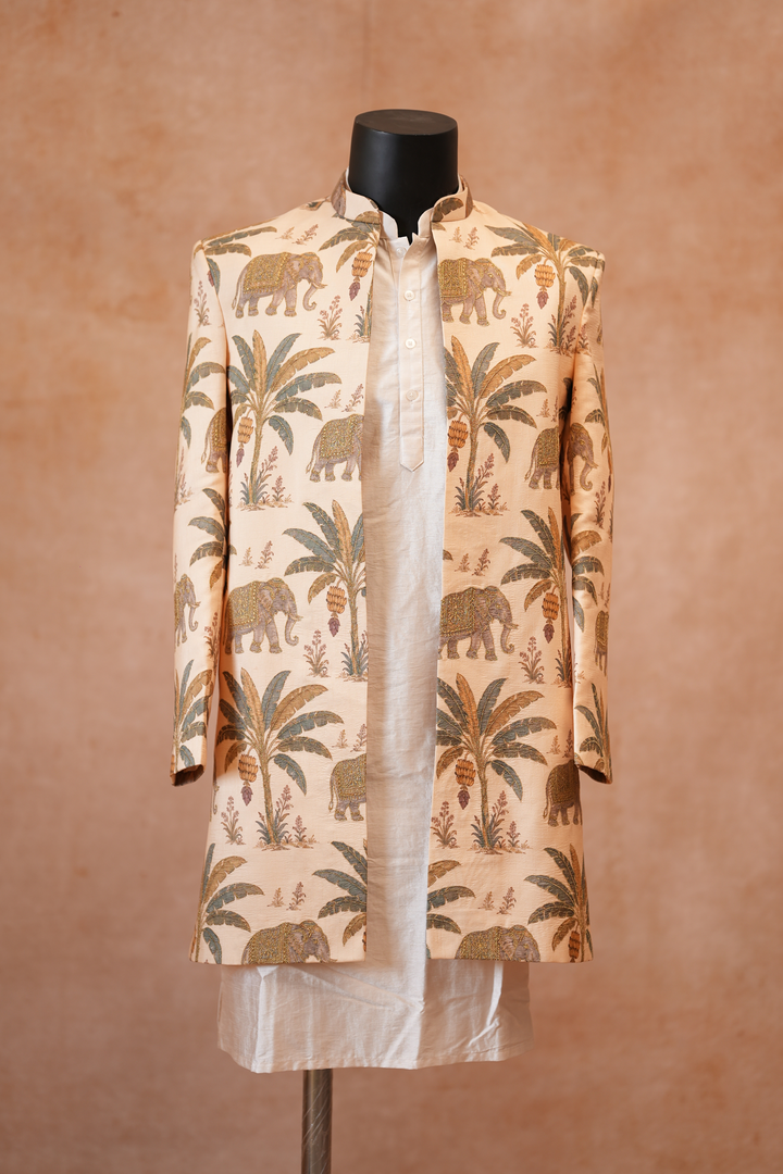 Gaj — Cream Royal Elephant Printed Falling Raw Silk Sherwani