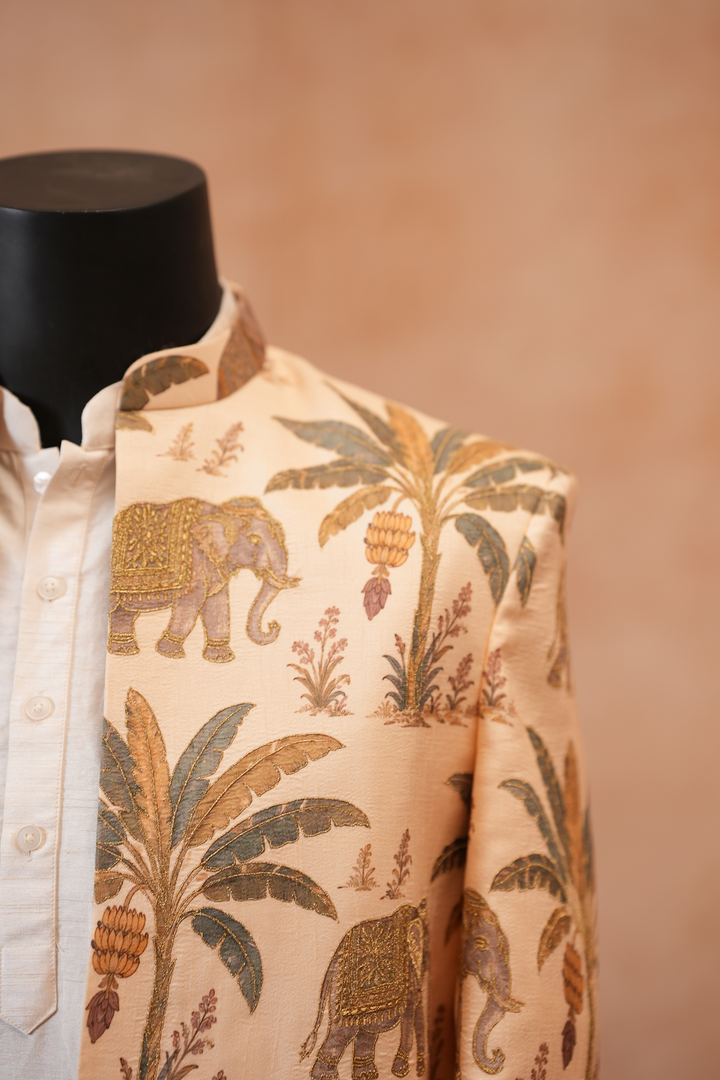 Gaj — Cream Royal Elephant Printed Falling Raw Silk Sherwani