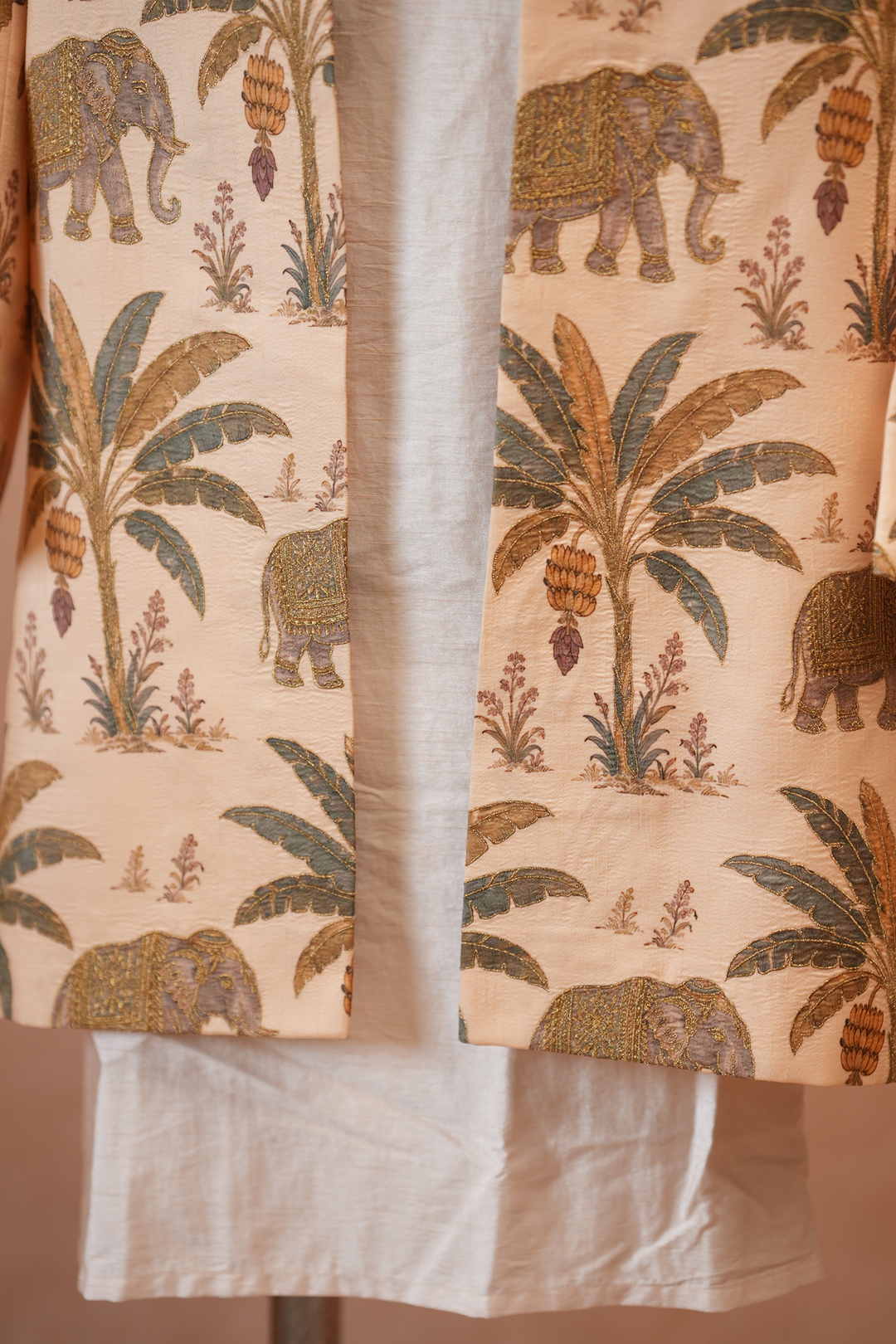 Gaj — Cream Royal Elephant Printed Falling Raw Silk Sherwani