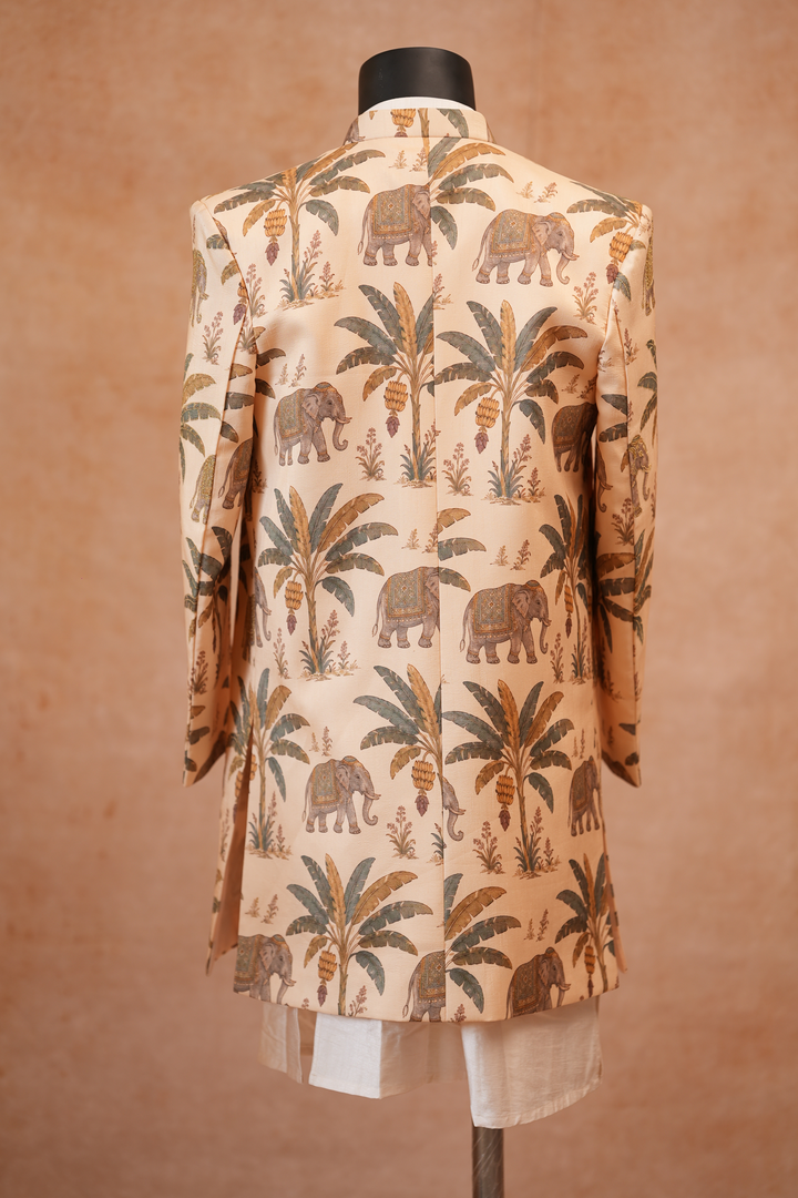 Gaj — Cream Royal Elephant Printed Falling Raw Silk Sherwani
