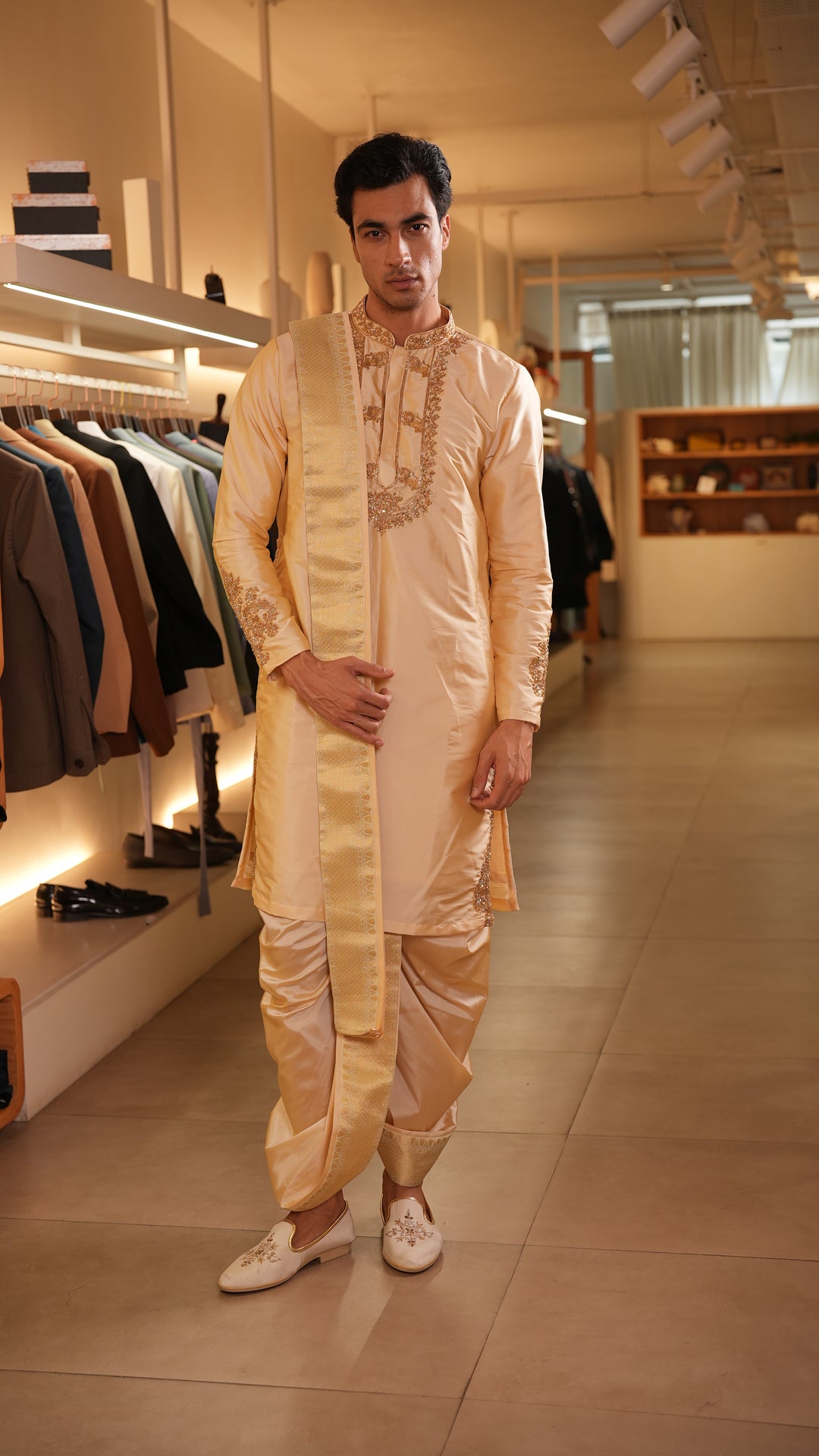 Ivaan — Cream Hand Embroidered Semi Pattu Kurta &amp; Dhoti Set