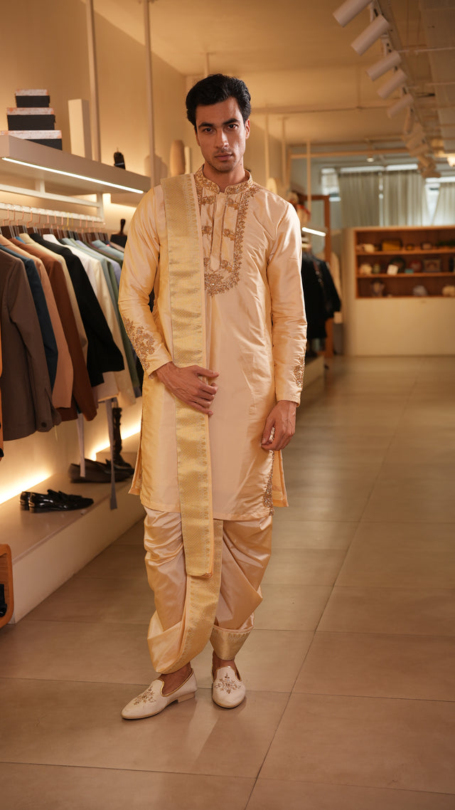 Ivaan — Cream Hand Embroidered Semi Pattu Kurta & Dhoti Set