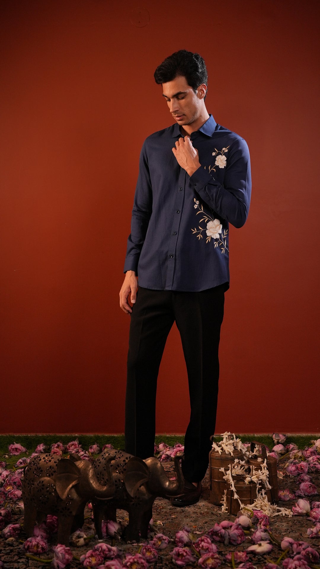 Nocturne — Navy Hand Embroidered Cotton Flex Shirt