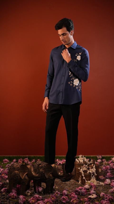 Nocturne — Navy Hand Embroidered Cotton Flex Shirt