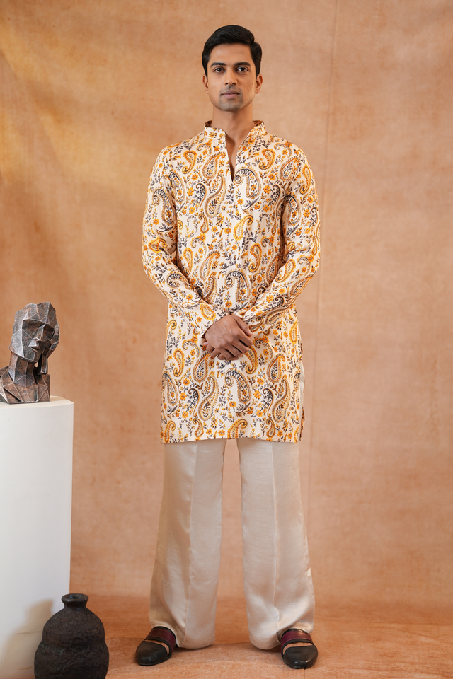Ambi — Cream Mughal Paisley Printed Falling Raw Silk Kurta