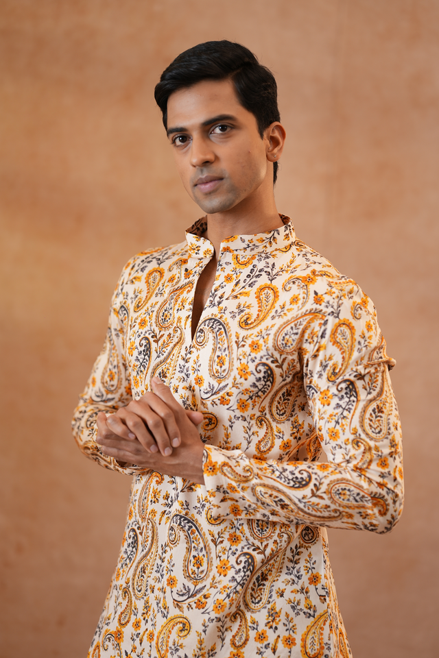 Ambi — Cream Mughal Paisley Printed Falling Raw Silk Kurta