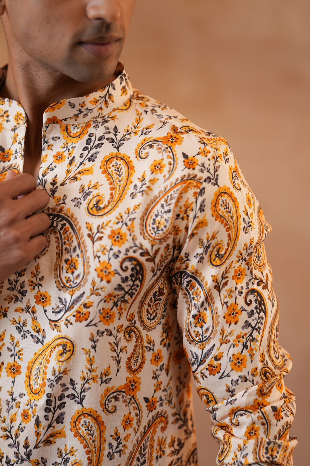 Ambi — Cream Mughal Paisley Printed Falling Raw Silk Kurta
