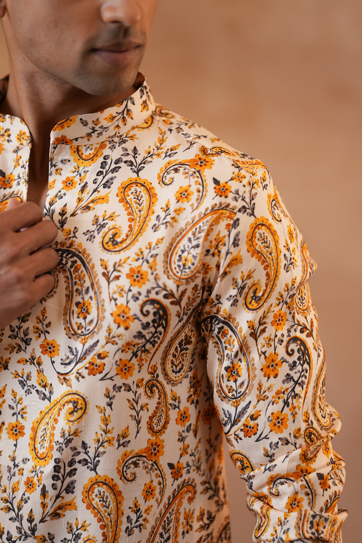 Ambi — Cream Mughal Paisley Printed Falling Raw Silk Kurta