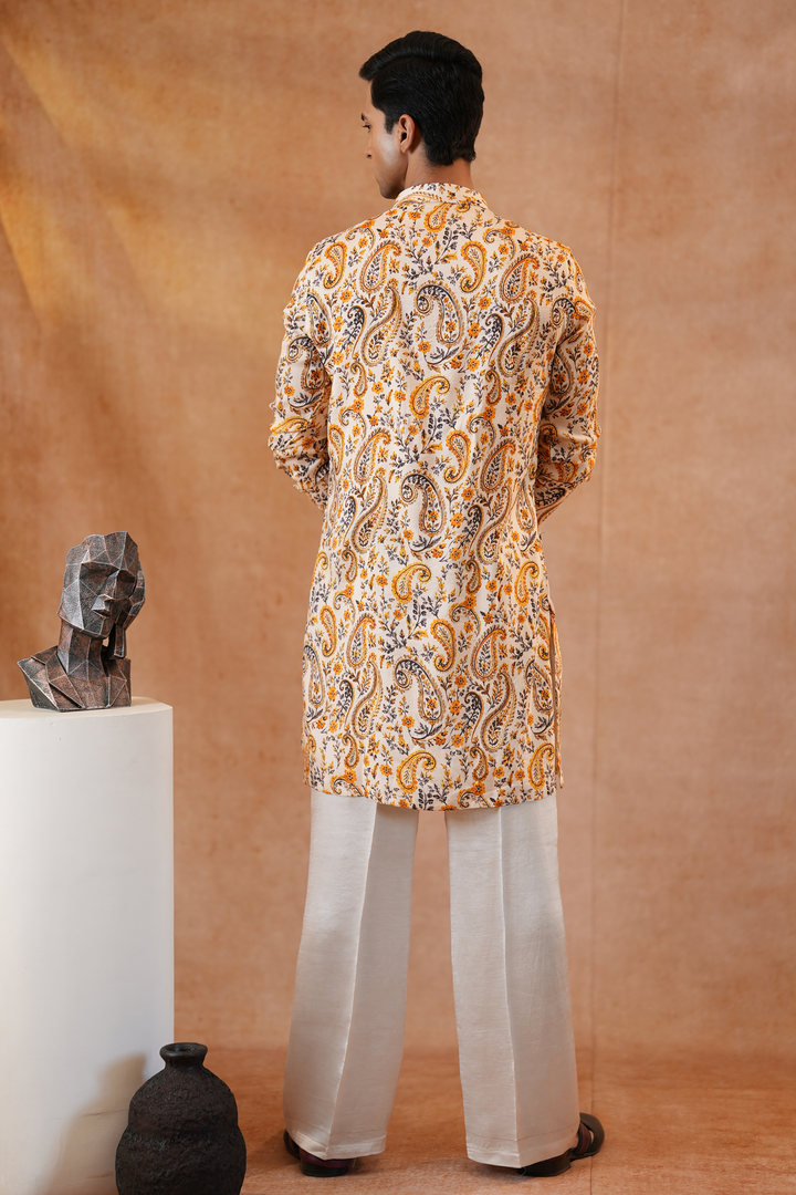 Ambi — Cream Mughal Paisley Printed Falling Raw Silk Kurta