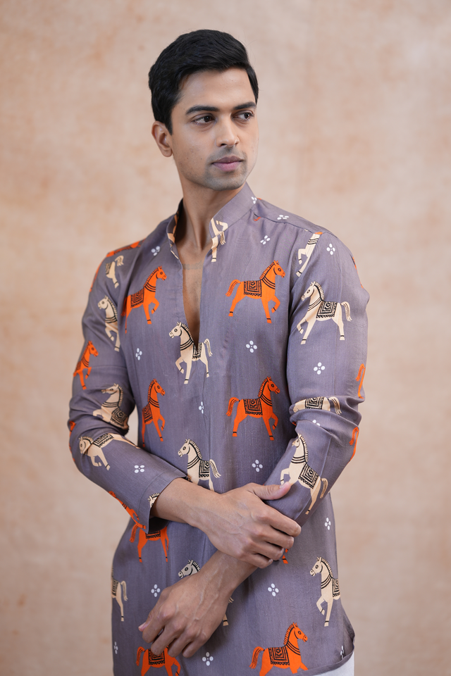 Ashva — Dusty Grey Prancing Horse Printed Falling Raw Silk Kurta