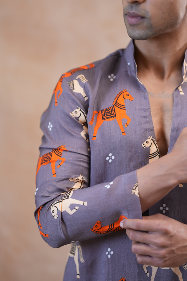 Ashva — Dusty Grey Prancing Horse Printed Falling Raw Silk Kurta