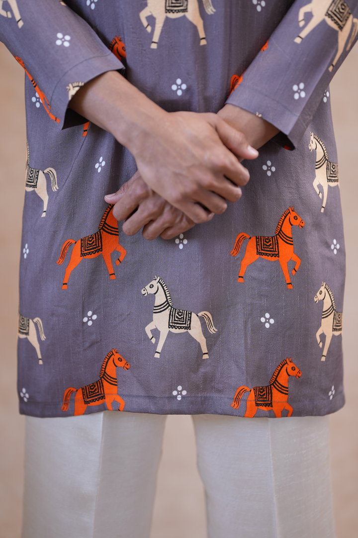 Ashva — Dusty Grey Prancing Horse Printed Falling Raw Silk Kurta