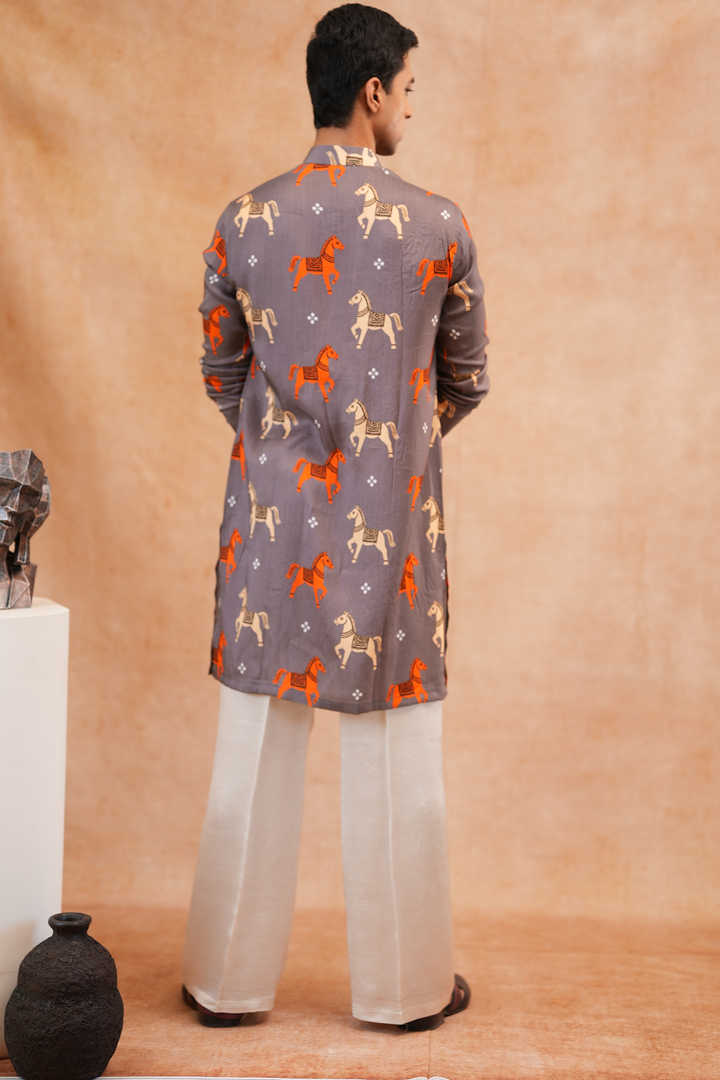 Ashva — Dusty Grey Prancing Horse Printed Falling Raw Silk Kurta