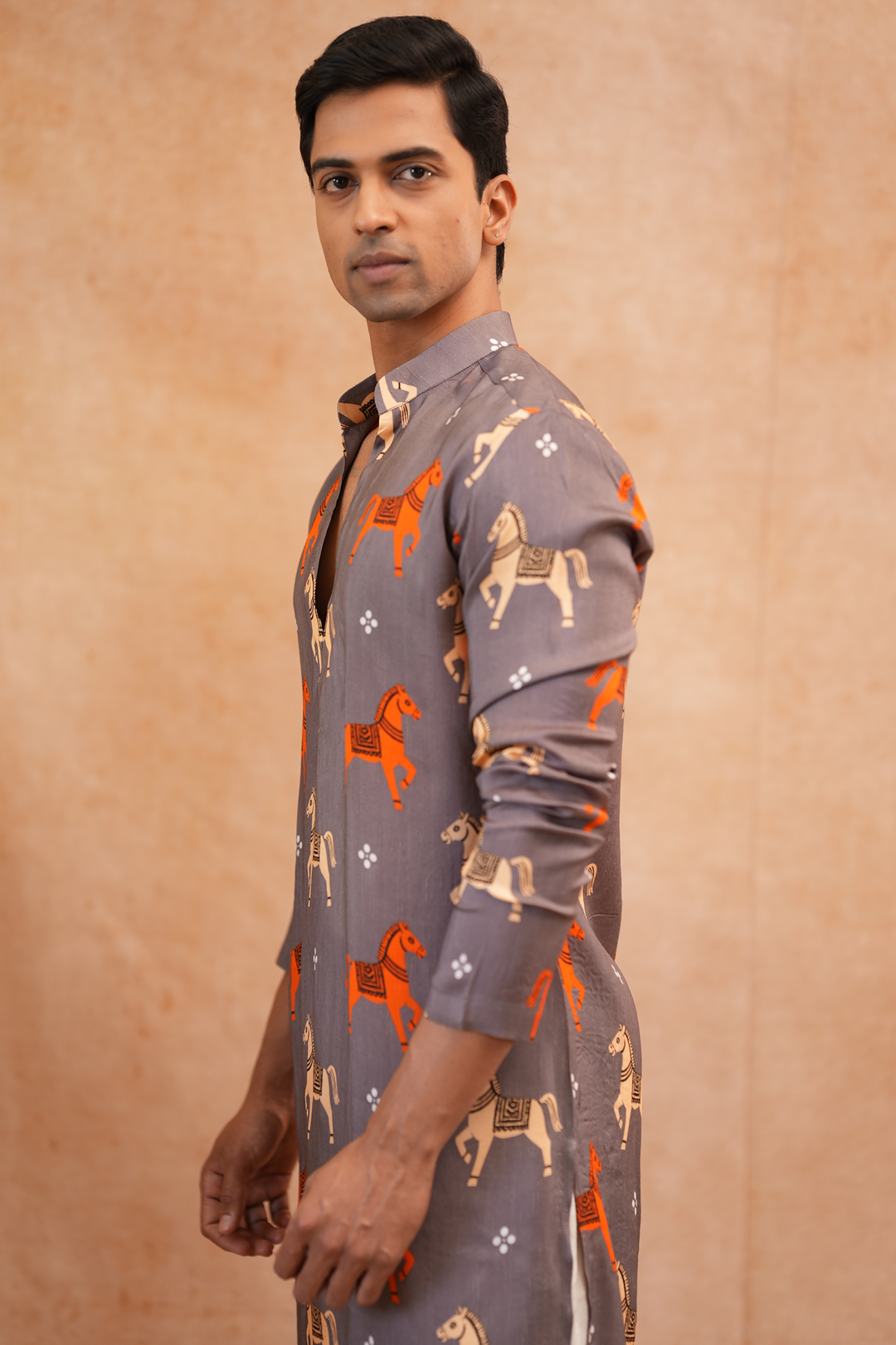 Ashva — Dusty Grey Prancing Horse Printed Falling Raw Silk Kurta