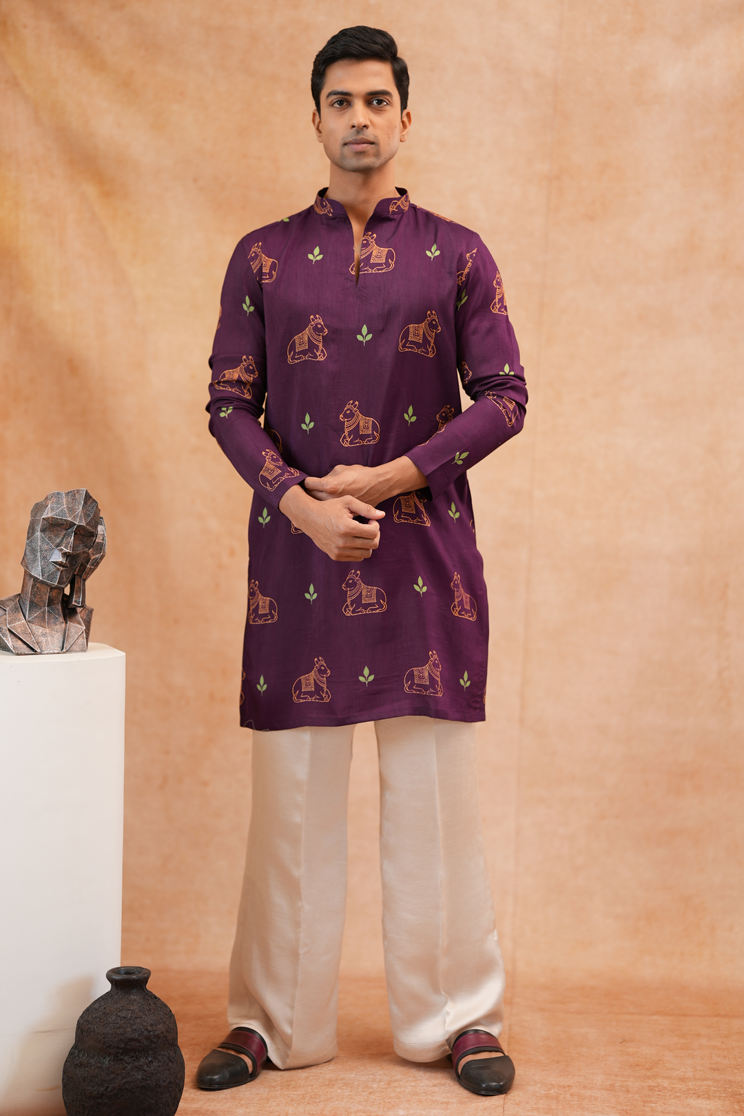 Nandi — Deep Plum Pichwai-Inspired Nandi Printed Falling Raw Silk Kurta