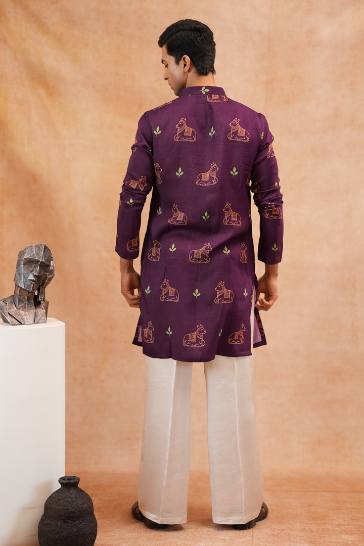 Nandi — Deep Plum Pichwai-Inspired Nandi Printed Falling Raw Silk Kurta