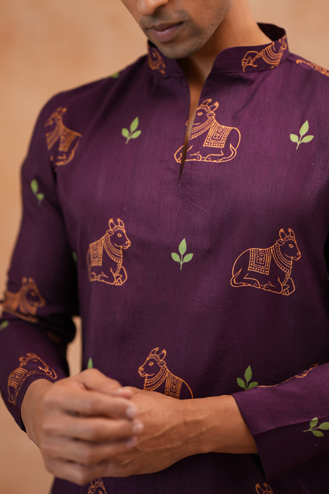 Nandi — Deep Plum Pichwai-Inspired Nandi Printed Falling Raw Silk Kurta