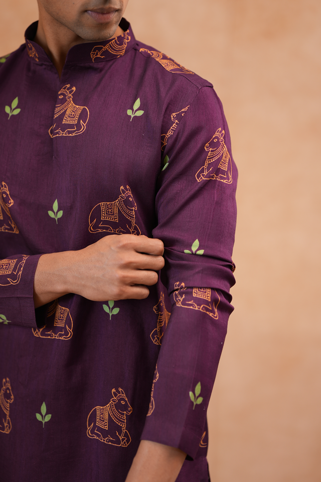 Nandi — Deep Plum Pichwai-Inspired Nandi Printed Falling Raw Silk Kurta