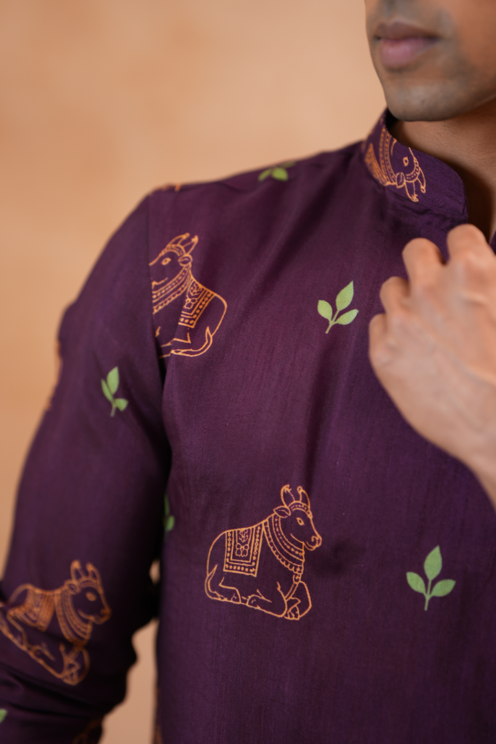 Nandi — Deep Plum Pichwai-Inspired Nandi Printed Falling Raw Silk Kurta