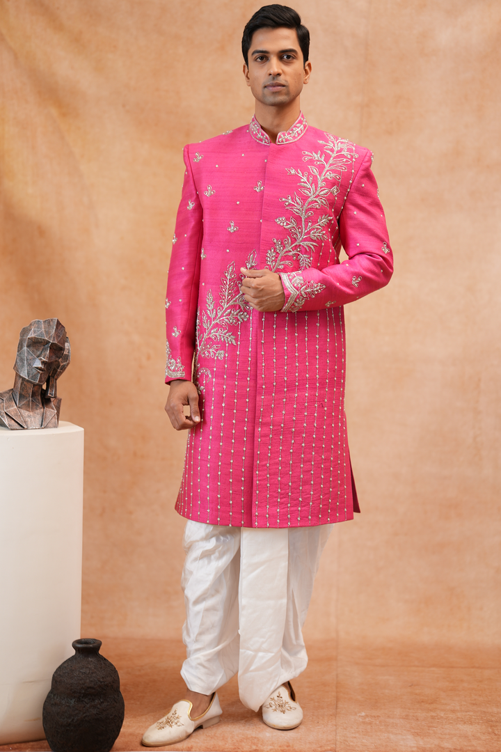 Shringara — Fuchsia Silver Zari &amp; Bead Hand Embroidered Raw Silk Sherwani