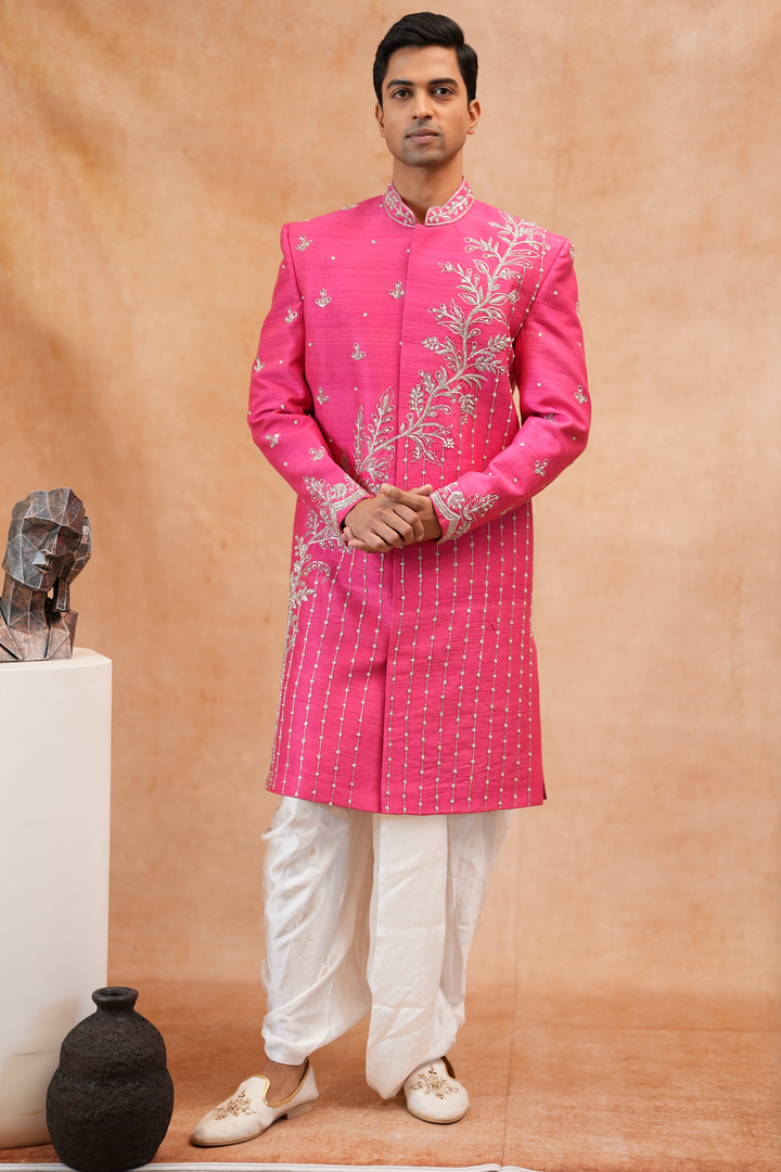 Shringara — Fuchsia Silver Zari &amp; Bead Hand Embroidered Raw Silk Sherwani