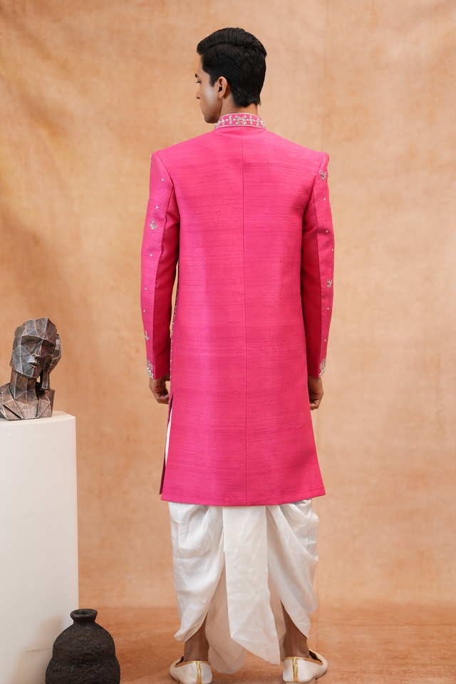 Shringara — Fuchsia Silver Zari & Bead Hand Embroidered Raw Silk Sherwani