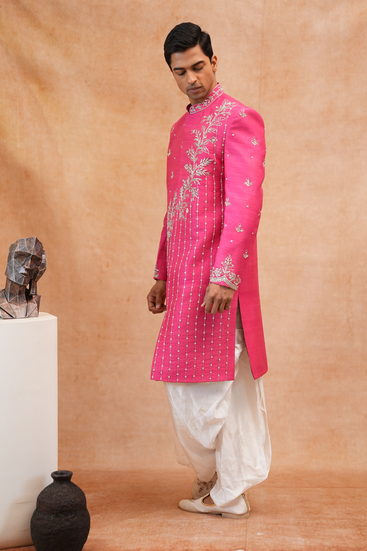 Shringara — Fuchsia Silver Zari &amp; Bead Hand Embroidered Raw Silk Sherwani