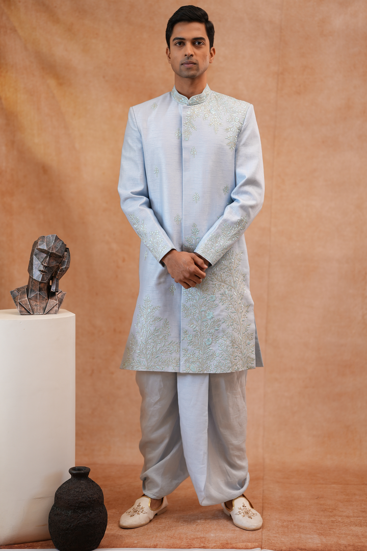 Akash — Ice Blue Floral &amp; Sprig Thread Embroidered Falling Raw Silk Sherwani