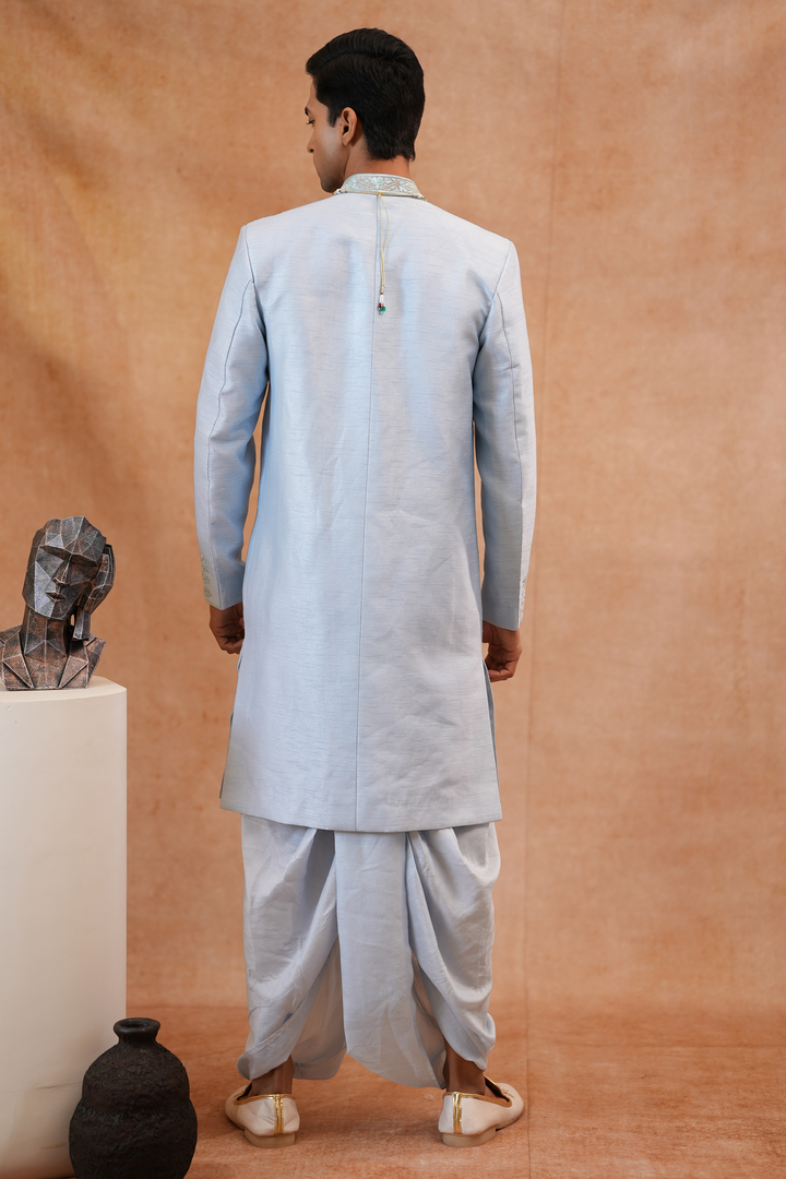 Akash — Ice Blue Floral &amp; Sprig Thread Embroidered Falling Raw Silk Sherwani
