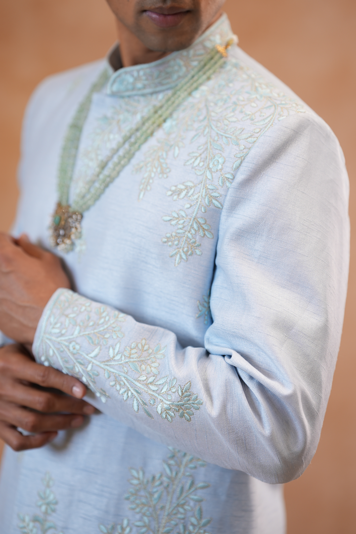 Akash — Ice Blue Floral &amp; Sprig Thread Embroidered Falling Raw Silk Sherwani