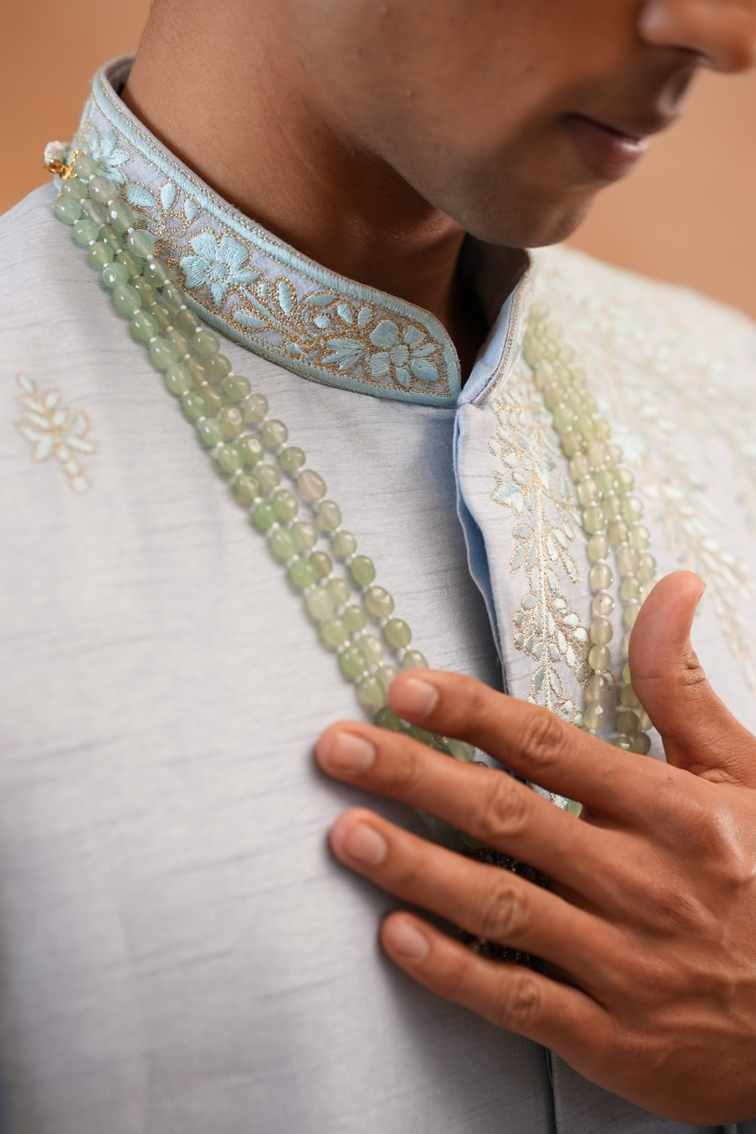 Akash — Ice Blue Floral &amp; Sprig Thread Embroidered Falling Raw Silk Sherwani