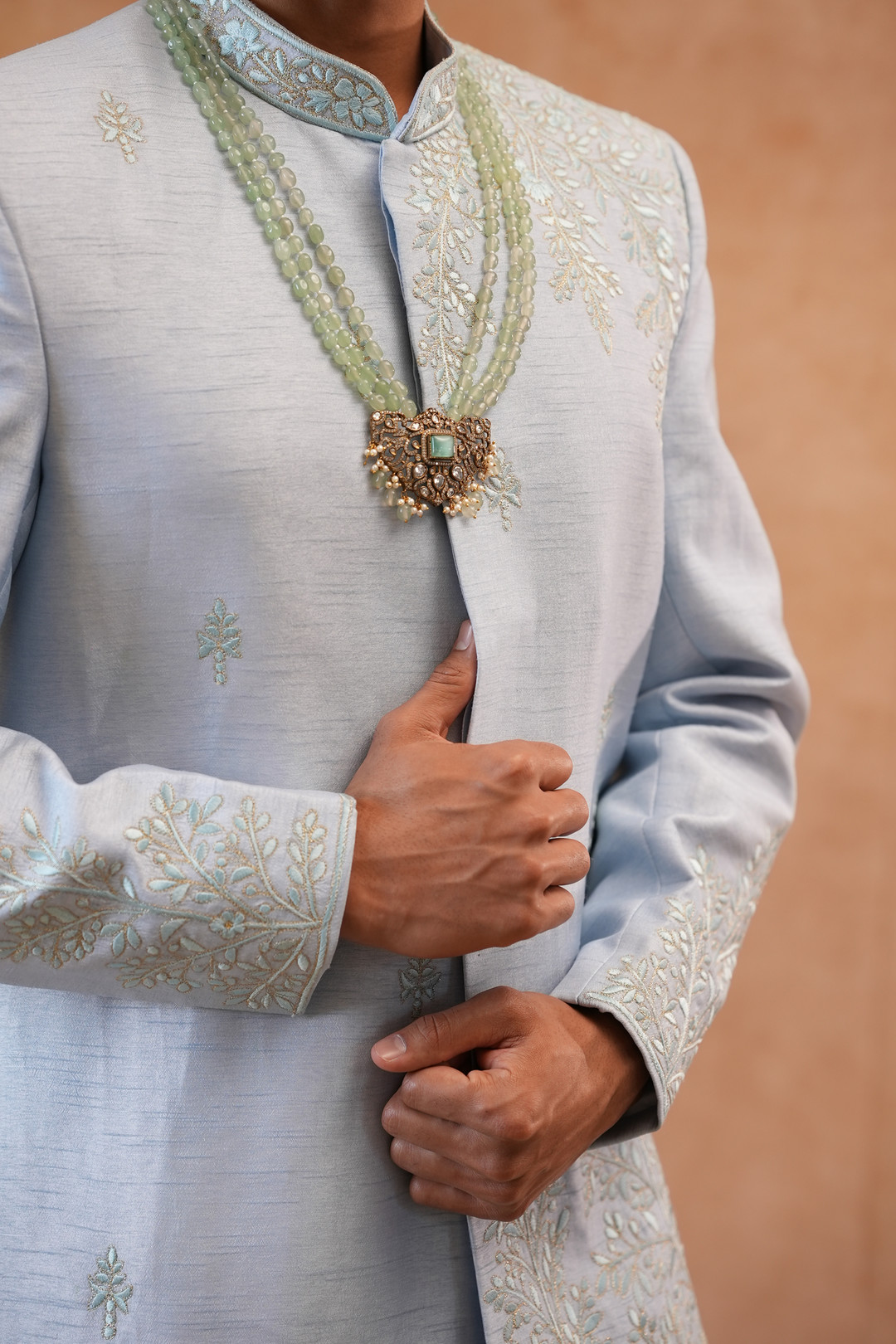 Akash — Ice Blue Floral &amp; Sprig Thread Embroidered Falling Raw Silk Sherwani