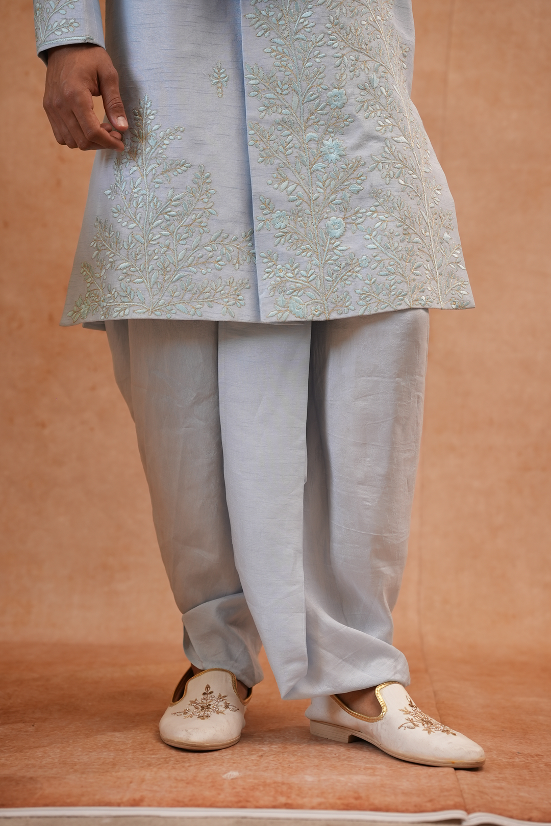 Akash — Ice Blue Floral &amp; Sprig Thread Embroidered Falling Raw Silk Sherwani