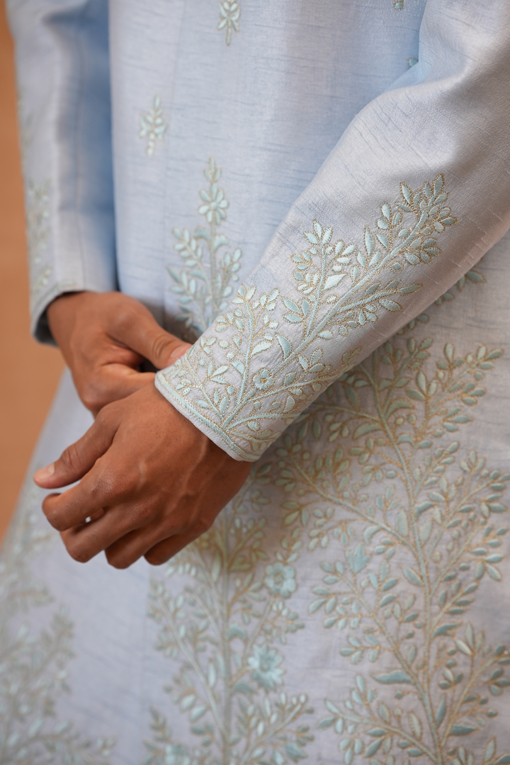 Akash — Ice Blue Floral &amp; Sprig Thread Embroidered Falling Raw Silk Sherwani