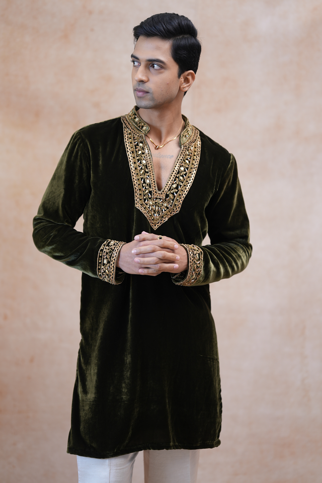 Vrind — Deep Olive Green Hand Zardozi & Mirror Embroidered Velvet Kurta