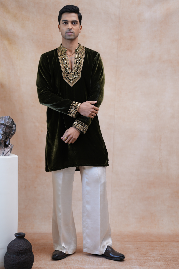 Vrind — Deep Olive Green Hand Zardozi &amp; Mirror Embroidered Velvet Kurta