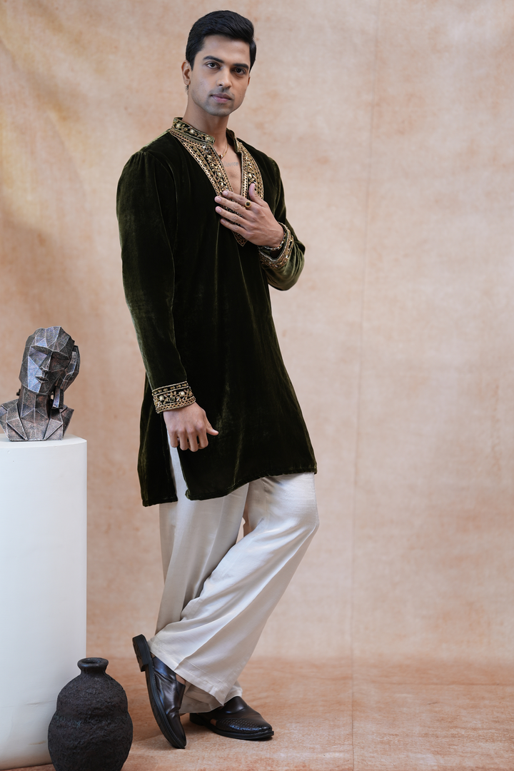 Vrind — Deep Olive Green Hand Zardozi &amp; Mirror Embroidered Velvet Kurta