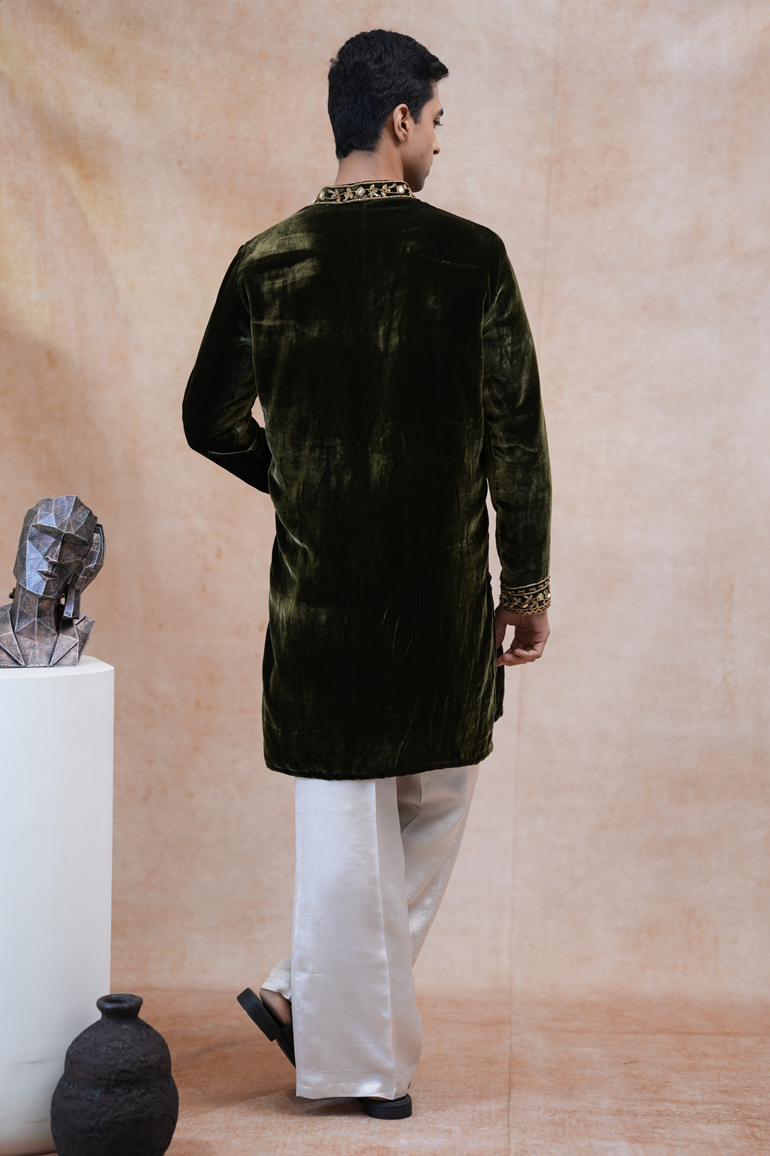 Vrind — Deep Olive Green Hand Zardozi &amp; Mirror Embroidered Velvet Kurta