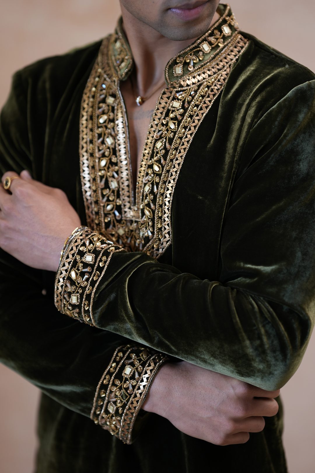 Vrind — Deep Olive Green Hand Zardozi &amp; Mirror Embroidered Velvet Kurta