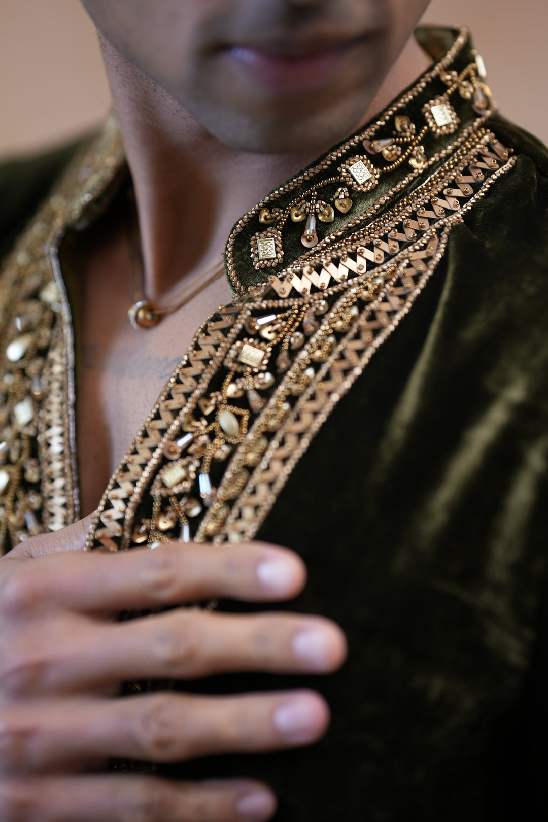 Vrind — Deep Olive Green Hand Zardozi &amp; Mirror Embroidered Velvet Kurta