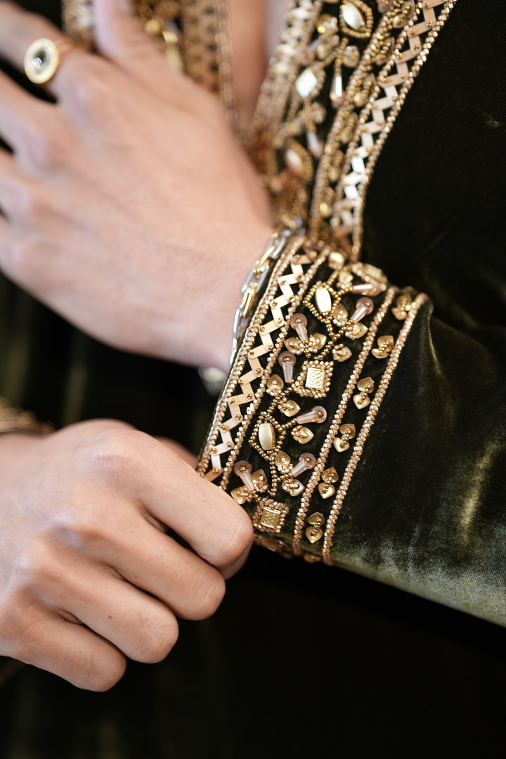 Vrind — Deep Olive Green Hand Zardozi &amp; Mirror Embroidered Velvet Kurta