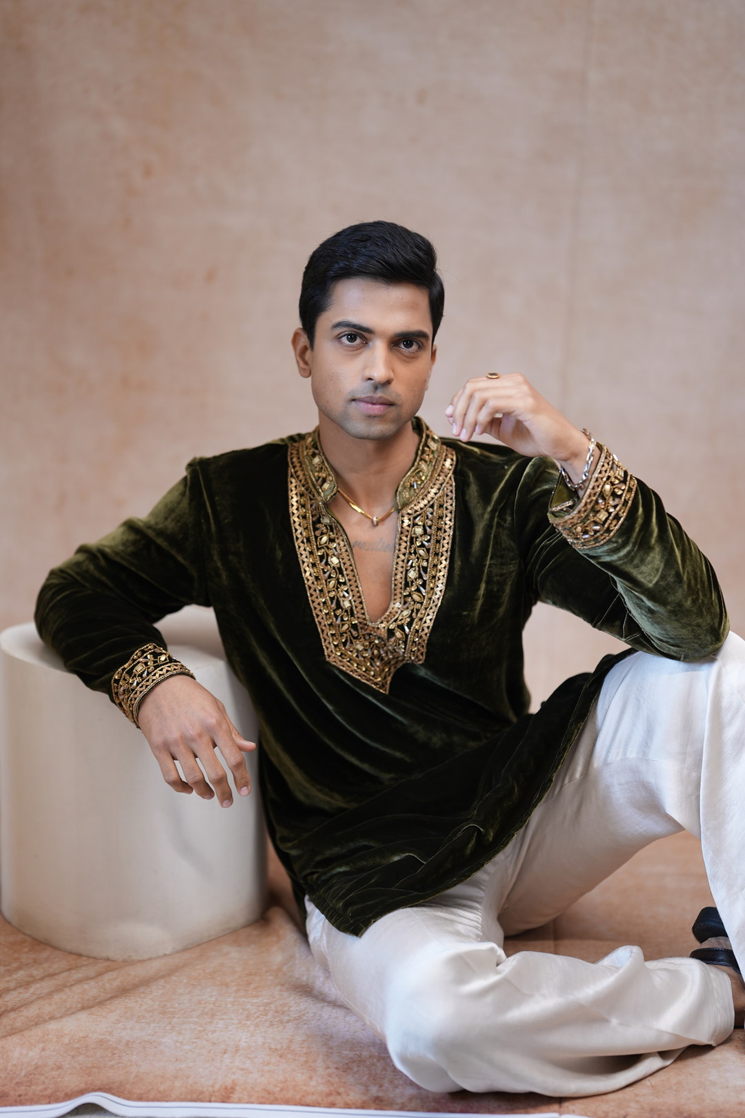 Vrind — Deep Olive Green Hand Zardozi &amp; Mirror Embroidered Velvet Kurta