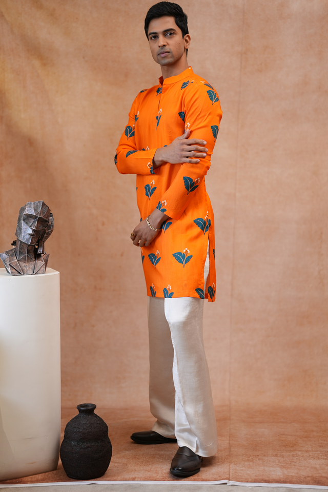 Citrus Bloom — Orange Leaf Sprig Printed Falling Raw Silk Kurta