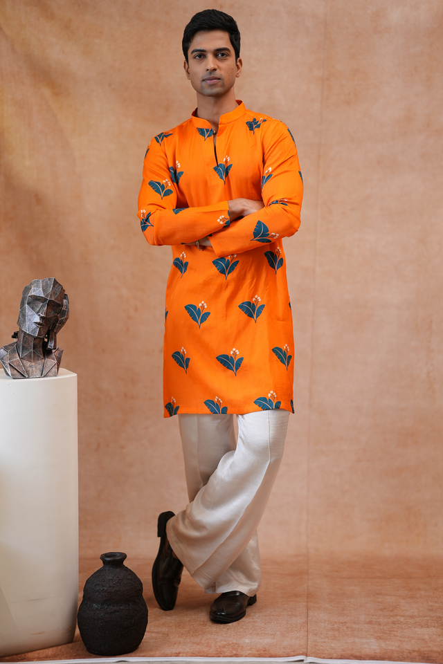 Citrus Bloom — Orange Leaf Sprig Printed Falling Raw Silk Kurta