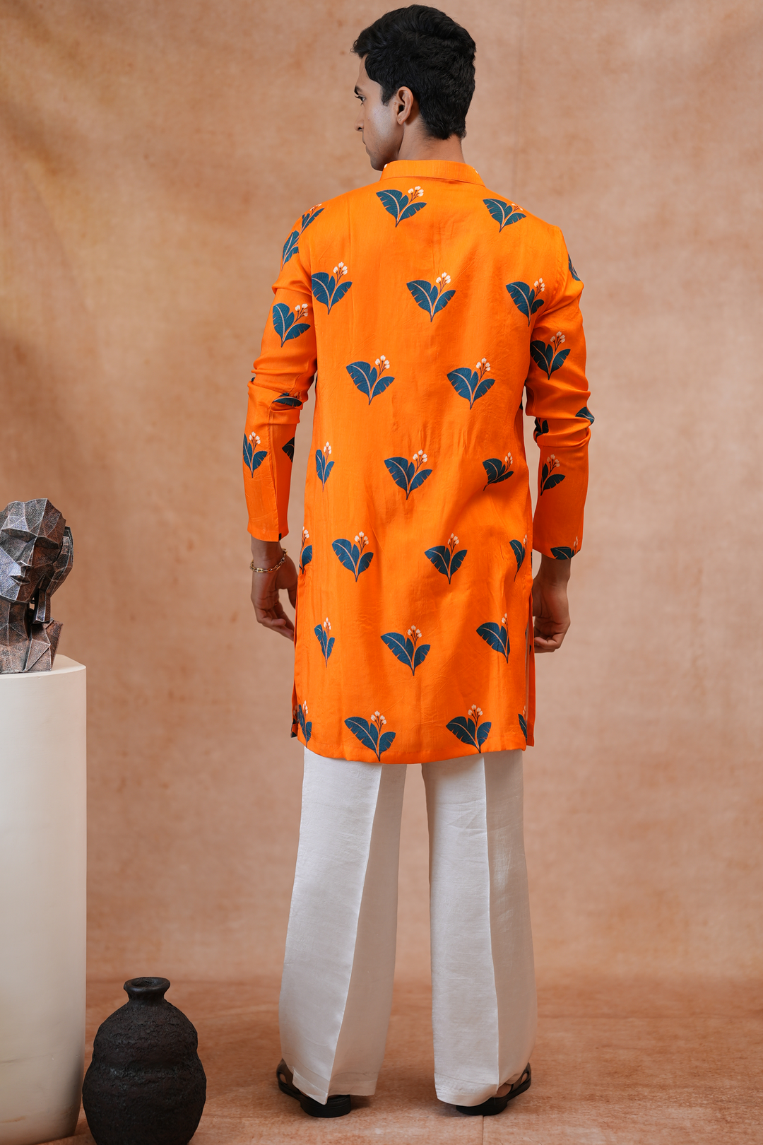 Citrus Bloom — Orange Leaf Sprig Printed Falling Raw Silk Kurta