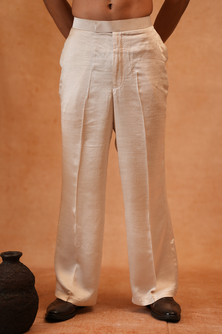 Ethnic Raw Silk Satin Pants — Off White Flared Trouser